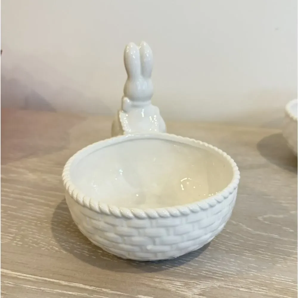 White Ceramic Bunny Bowl‎ Easter Farmhouse Candy Trinket Dish Happy Easter NWOT
